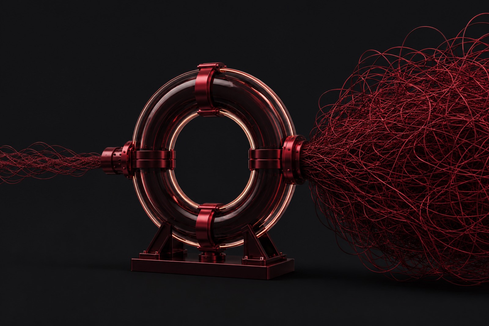 A flawless glass machine that doesn't tidy up chaos but amplifies it: tangled threads go in on one side and come out multiplied on the other