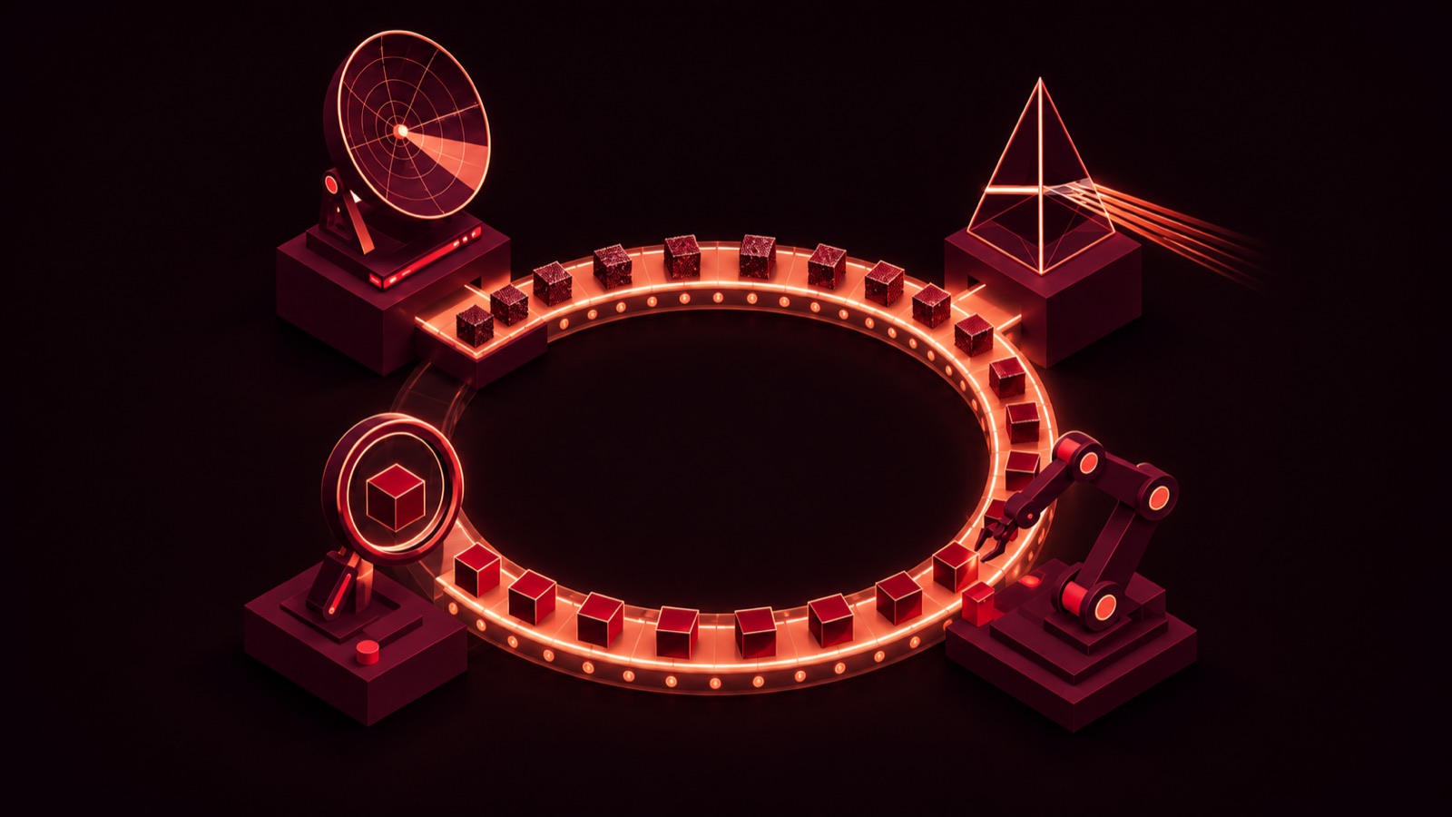 Isometric illustration of an AI loop: four stations that observe, decide, act, and verify, while data cubes get more refined with every lap